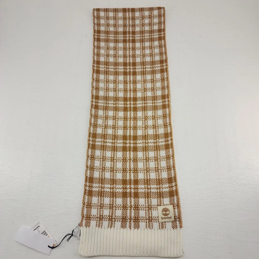 Timberland OS Wheat White Plaid Knit Winter Scarf Outdoor Gorpcore Unisex
